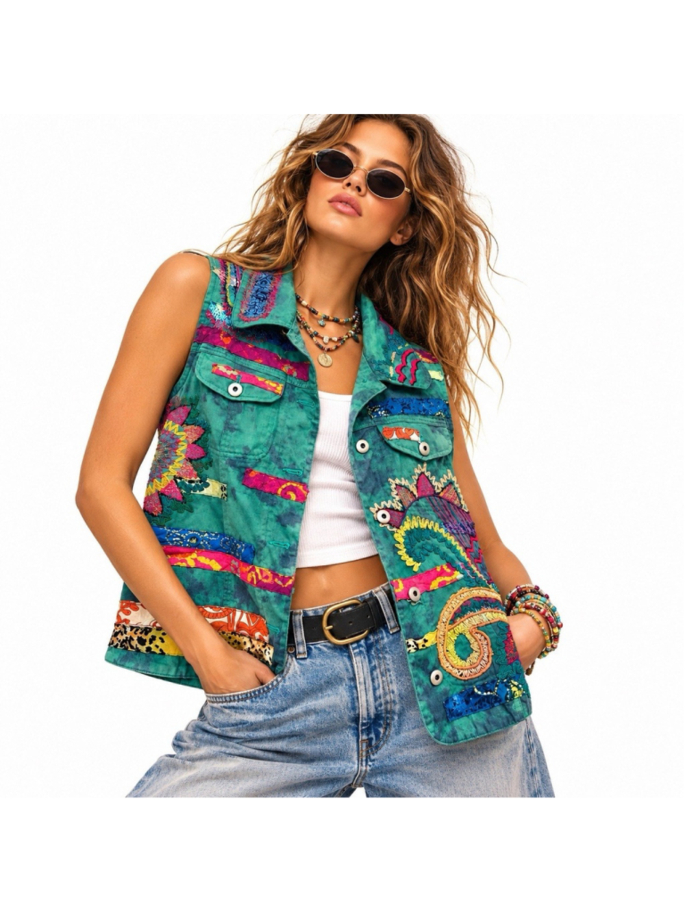 Vtg 90s Chicos 100% Cotton Embroidered Funky Art To Wear Vest S